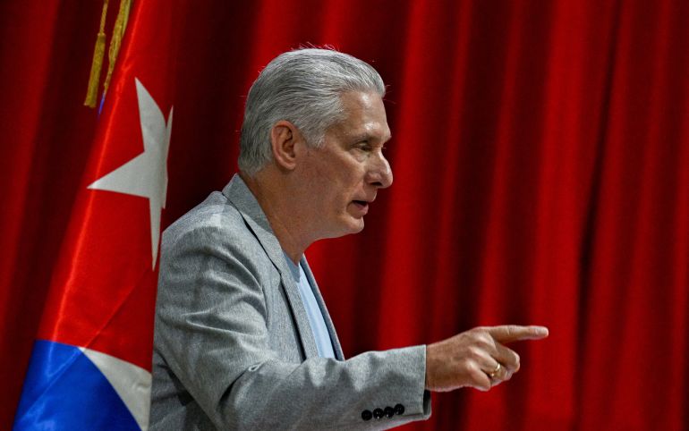 Cuba’s President Miguel Diaz-Canel gives a welcome speech to participants of the Our America International Convoy at the Convention Palace in Havana on March 20, 2026.