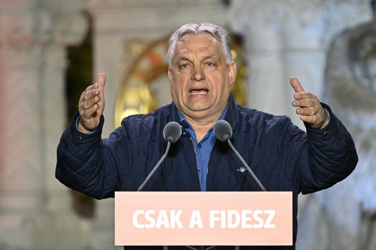 Hungarian Prime Minister Viktor Orban addresses supporters during his campaign closing rally at Buda Castle in Budapest on April 11, 2026, on the eve of the general election in Hungary.