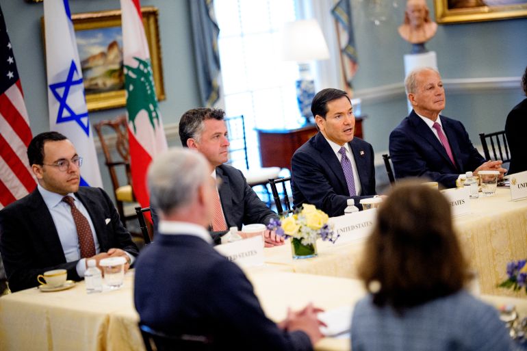 WASHINGTON, DC - APRIL 14: U.S. Secretary of State Marco Rubio (2nd-R), accompanied by U.S. State Department Counselor Michael Needham (C), and U.S. Ambassador to Lebanon Michel Issa (R), speaks as they begin working-level peace talks with Lebanese Ambassador to the U.S. Nada Hamadeh Moawad and Israeli Ambassador to the U.S. Yechiel Leiter at the U.S. State Department on April 14, 2026 in Washington, DC. In their first direct diplomatic talks in more than 30 years, Lebanon and Israel are preparing negotiations to potentially end Israel's conflict with the Lebanese militia Hezbollah. Andrew Harnik/Getty Images/AFP (Photo by Andrew Harnik / GETTY IMAGES NORTH AMERICA / Getty Images via AFP)