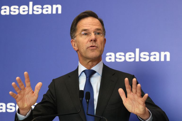 NATO Secretary General Mark Rutte delivers a speech at Aselsan Defence company as part of his official visit to Turkey, in Ankara on April 22,2026.