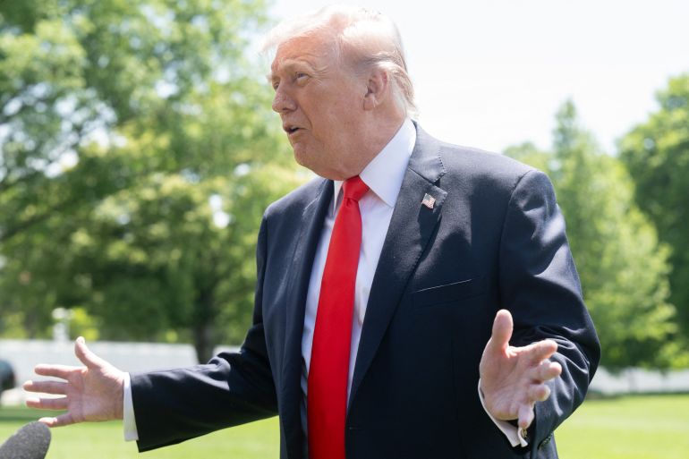 US President Donald Trump speaks with the media prior to departing from the South Lawn of the White House in Washington, DC, May 1, 2026.