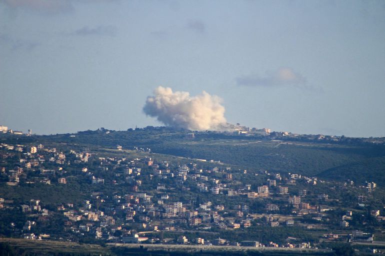 This photograph taken from the southern Lebanese area of Tyre shows smoke rising from an Israeli controlled explosion in the village of Chamaa on May 1, 2026.