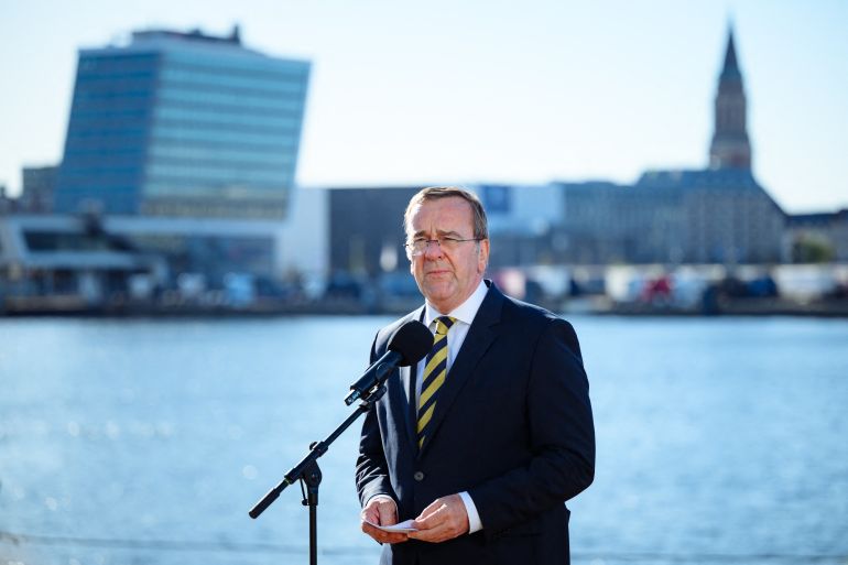 German Defence Minister Boris Pistorius speaks to journalists as he visits the TKMS (ThyssenKrupp Marine Systems) submarine shipyard with his Indian counterpart in Kiel, northern Germany on April 22, 2026. (Photo by Gregor Fischer / AFP)