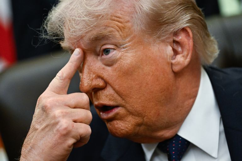 US President Donald Trump gestures as he speaks before signing a proclamation to revive the Presidential Fitness Test Award, a competitive school-based fitness program, in the Oval Office of the White House in Washington, DC on May 5, 2026.