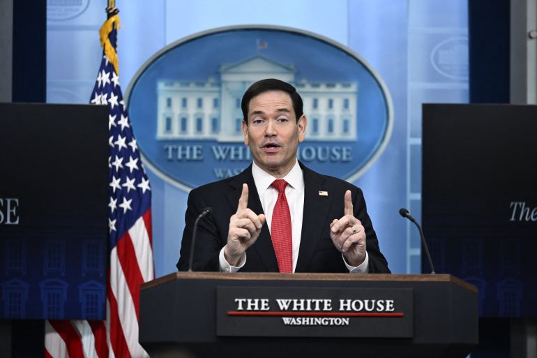 US Secretary of State Marco Rubio speaks during a press briefing in the Brady Briefing Room of the White House in Washington, DC, on May 5, 2026.