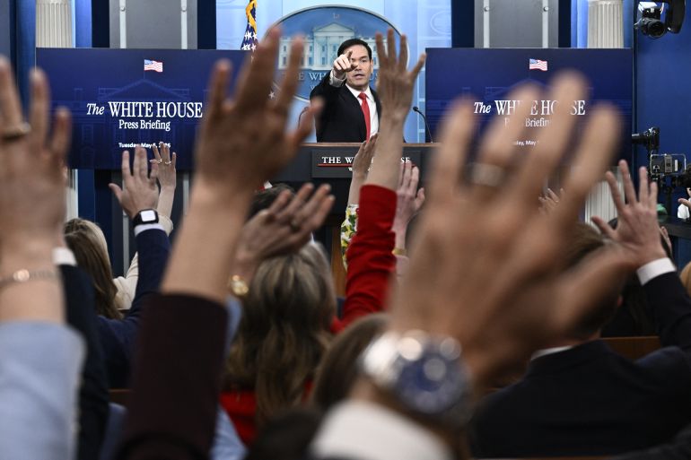 TOPSHOT - US Secretary of State Marco Rubio takes questions from reporters during a press briefing in the Brady Briefing Room of the White House in Washington, DC, on May 5, 2026.