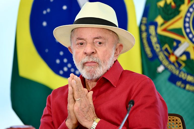 Brazil's President Luiz Inacio Lula da Silva gestures during the announcement of a new credit facility for the purchase of trucks and buses at the Planalto Palace in Brasília on April 30, 2026.