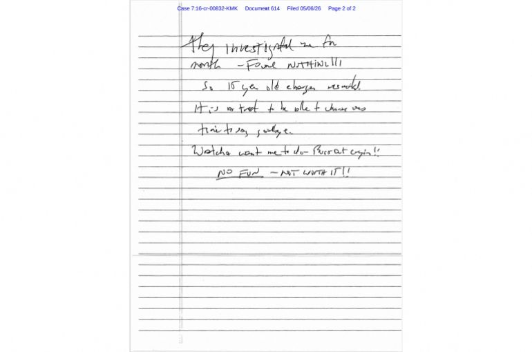 This handout image shows an undated and unverified note, purportedly a suicide note left by late convicted sex offender Jeffrey Epstein, which was ordered unsealed on May 6, 2026 by District Judge Kenneth Karas of the Southern District of New York after a request by The New York Times.