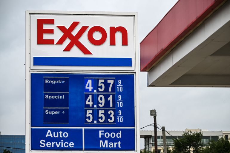 Gasoline prices are seen at an Exxon gas station in Houston, Texas, on April 29, 2026.
