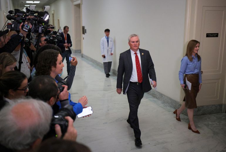 WASHINGTON, DC - MAY 06: Committee Chairman Rep. James Comer (R-KY) arrives for a House Oversight Committee closed transcribed interview with U.S. Commerce Secretary Howard Lutnick in the Rayburn House Office Building on May 06, 2026 in Washington, DC. The House Oversight Committee is conducting closed-door transcribed interviews with Lutnick and others as it investigates convicted sex offender Jeffrey Epstein. Chip Somodevilla/Getty Images/AFP (Photo by CHIP SOMODEVILLA / GETTY IMAGES NORTH AMERICA / Getty Images via AFP)