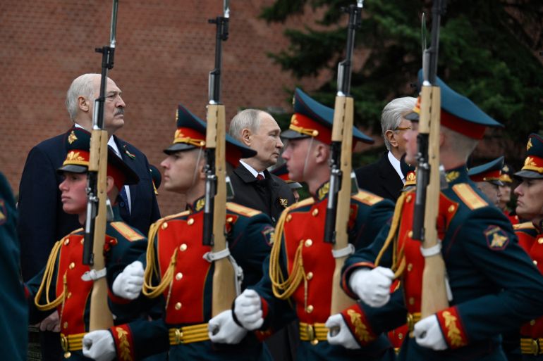 Russian President Vladimir Putin, Belarusian President Alexander Lukashenko and Kazakh President Kassym-Jomart Tokayev attend a ceremony to lay flowers at the Tomb of the Unknown Soldier by the Kremlin wall in central Moscow on May 9, 2026.
