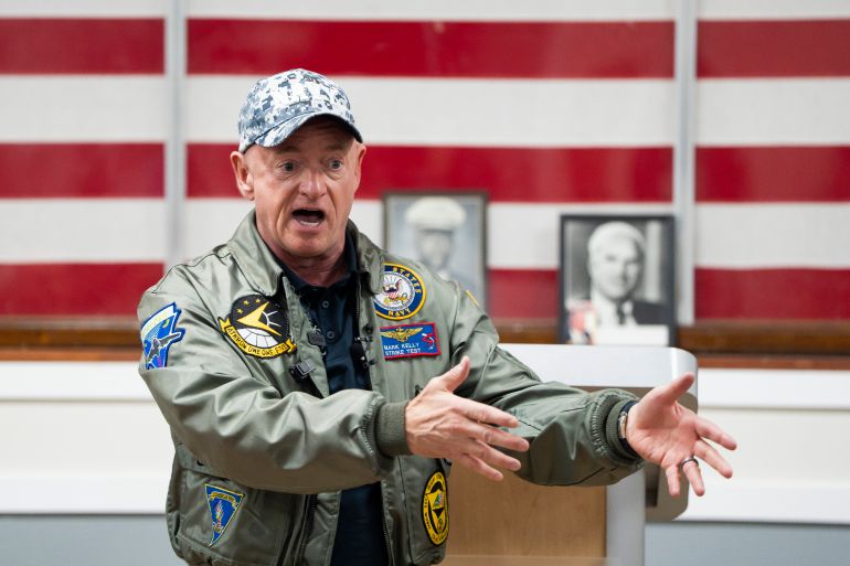 CHANDLER, ARIZONA - MAY 8: U.S. Sen. Mark Kelly (D-AZ) speaks during a veterans town hall at John S. McCain VFW Post 7401 on May 8, 2026 in Chandler, Arizona. A federal appeals court on Thursday appeared unwilling to allow U.S. Secretary of War Pete Hegseth's attempt to demote Kelly for posting a video urging U.S. troops to not follow illegal orders. Rebecca Noble/Getty Images/AFP (Photo by Rebecca Noble / GETTY IMAGES NORTH AMERICA / Getty Images via AFP)