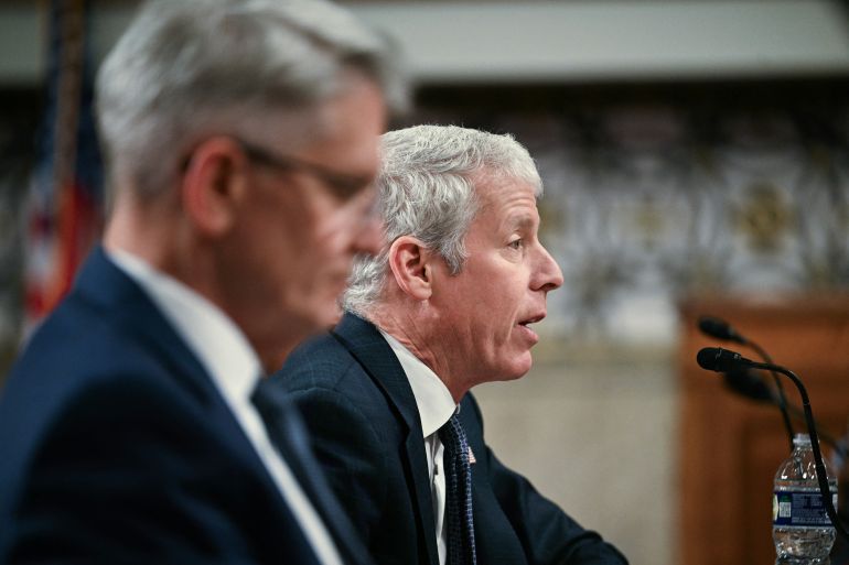 (L-R) Under Secretary of Energy for Nuclear Security and Administrator National Nuclear Security Administration Brandon M. Williams and US Energy Secretary Chris Wright testify before a Senate Committee on Armed Services Committee hearing to examine the 2027 budget for the Department of Energy and National Nuclear Security Administration on Capitol Hill in Washington, DC, on May 13, 2026. (Photo by Jim WATSON / AFP)