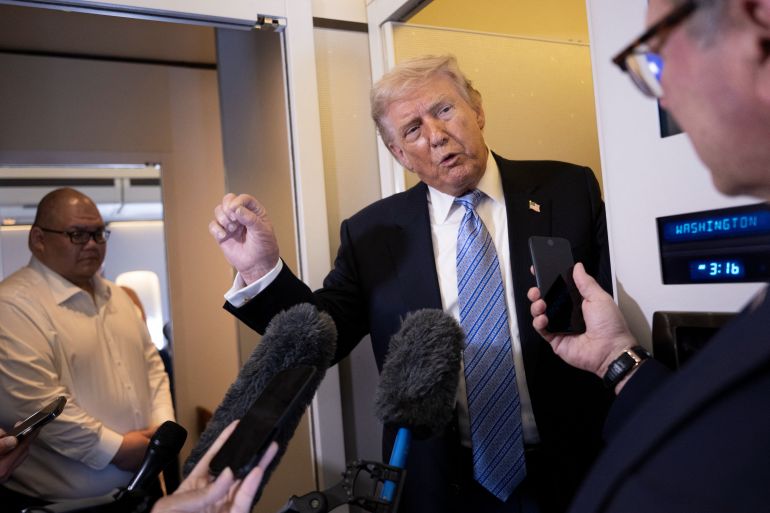 afp_6a07772804e5-1778874152-1 US President Donald Trump speaks to reporters aboard Air Force One after his departure from Beijing Capital Airport on May 15, 2026, on his way back to the United States.