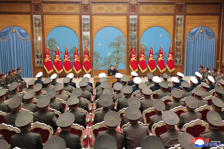 This picture taken on May 17, 2026 and released by North Korea's official Korean Central News Agency (KCNA) on May 18, 2026 shows North Korean leader Kim Jong Un (top C) speaking on key military issues during a meeting of commanding officers of the divisions and brigades of the entire army at the Party Central Committee headquarters in Pyongyang.