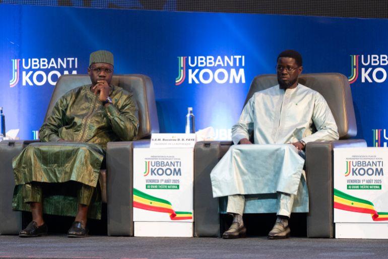 afp_6a14fa74b11d-1779759732 (FILES) Senegalese Prime Minister Ousmane Sonko (L) and Senegalese President Bassirou Diomaye Faye (R) attend the opening of the official ceremony of the presentation of the economic and social recovery plan by the head of government at the Grand Theatre in Dakar on August 1, 2025.