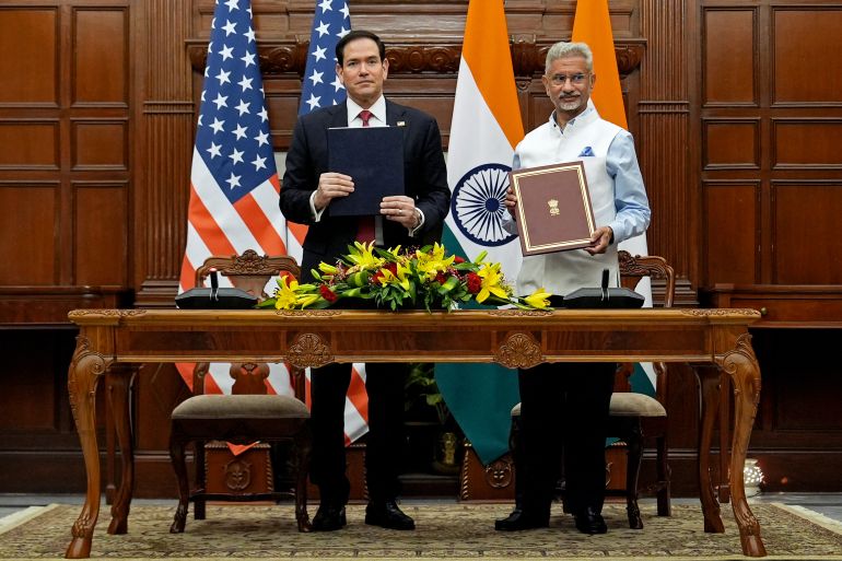 US Secretary of State Marco Rubio (L) and India's Foreign Minister Subrahmanyam Jaishankar pose after signing a memorandum of understanding (MoU) at the Hyderabad House in New Delhi on May 26, 2026.
