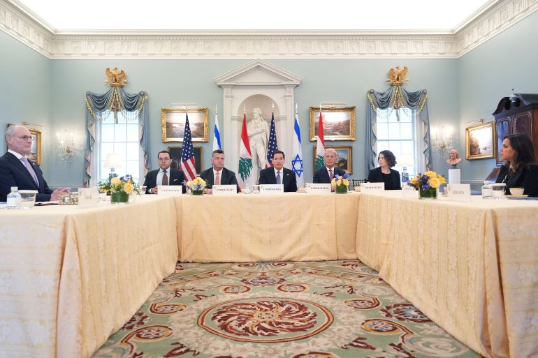 Secretary of State Marco Rubio, center, meets with Israeli Ambassador to the U.S. Yechiel Leiter, far left, and Lebanese Ambassador to the U.S. Nada Hamadeh Moawad, far right, at the State Department in Washington, Tuesday, April 14, 2026. (AP Photo/Jacquelyn Martin)