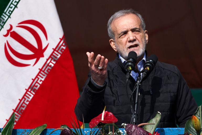 ap_68ebfb62286ee-1760295778 FILE - This photo released by the Iranian Presidency Office, President Masoud Pezeshkian speaks during a rally on Feb. 10, 2025, in Tehran, Iran. (Iranian Presidency Office via AP, File)