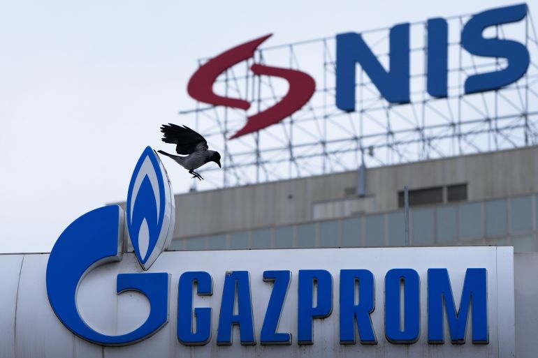 ap_6985e7e12fce7-1770383329 A raven flies between the NIS "Naftna industrija Srbije" (Petroleum Industry of Serbia) on an office building and the Gazprom company logo at a petrol station in Belgrade, Serbia, Sunday, Nov. 23, 2025. (AP Photo/Darko Vojinovic)