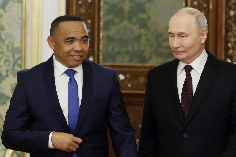 ap_69f4585f1ad0c-1777621087 Russian President Vladimir Putin, right, and Madagascar's President Michael Randrianirina enter a hall for their meeting at the Grand Kremlin Palace in Moscow, Thursday, Feb. 19, 2026. (Mikhail Metzel, Sputnik, Kremlin Pool Photo via AP)