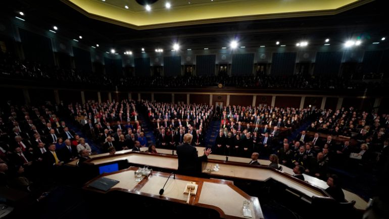 President Donald Trump delivers his State of the Union address to a joint session of U.S. Congress on Capitol Hill in Washington, Tuesday, Jan. 30, 2018. (Jim Bourg/Pool via AP)