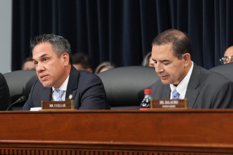 ap_6a0335df75783-1778595295 Rep. Pete Aguilar, D-Calif., questions Defense Secretary Pete Hegseth at a House Appropriations subcommittee budget hearing for the Department of Defense, Tuesday, May 12, 2026, in Washington, as Rep. Henry Cuellar, D-Texas, right, listens. (AP Photo/Alex Brandon)