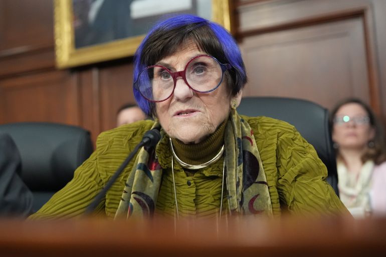 Rep. Rosa DeLauro, D-Conn., speaks at a House Appropriations subcommittee budget hearing for the Department of Defense with Defense Secretary Pete Hegseth, Chairman of the Joint Chiefs of Staff Gen. Dan Caine and acting Under Secretary of Defense and Comptroller Jules Hurst III, Tuesday, May 12, 2026, in Washington. (AP Photo/Alex Brandon)