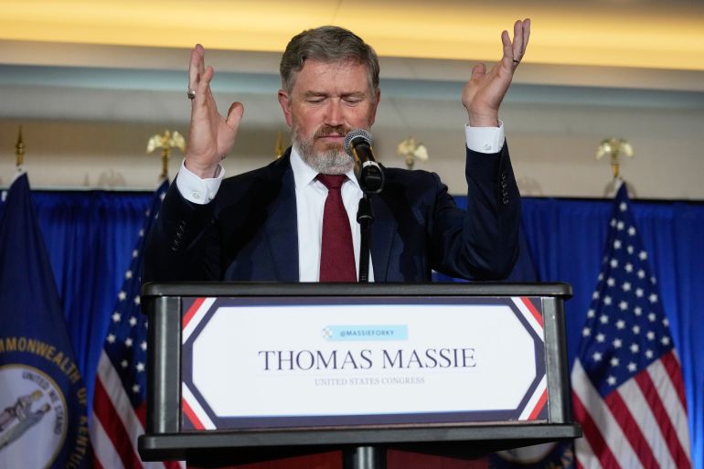ap_6a0d573337bee-1779259187 Rep. Thomas Massie, R-Ky., gestures as he speaks during an election night watch party after losing the Republican party's nomination at the Marriott Cincinnati Airport, Tuesday, May 19, 2026, in Hebron, Ky. (AP Photo/Carolyn Kaster)