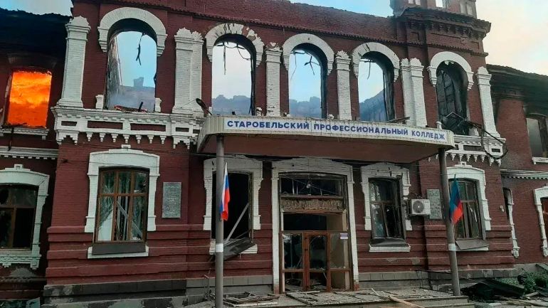 This photo released by Moscow-appointed head of Russian-controlled Luhansk region Leonid Pasechnik Telegram channel on Friday, May 22, 2026, shows a university college building damaged by Ukrainian drones in Starobilsk, Ukraine. (Head of Russian-controlled Luhansk region Leonid Pasechnik Telegram channel via AP)