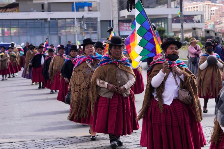 Demonstrators march during an anti-government protest in La Paz, Bolivia, Wednesday, May 27, 2026. (AP Photo/Juan Karita)
