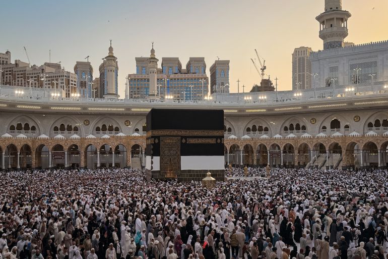 Muslim pilgrims perform the farewell circumambulation called Tawaf al-Wada, around the Kaaba, Islam's holiest site, at the Grand Mosque during the final rites of the annual Hajj pilgrimage in Mecca, Saudi Arabia, Friday, May 29, 2026. (AP Photo/Altaf Qadri)