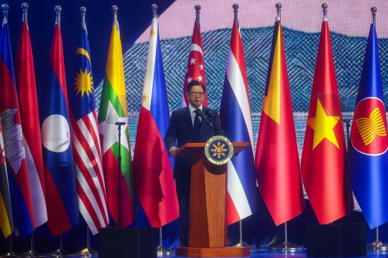 asean2-1778219101 CEBU, PHILIPPINES - MAY 8: Philippine President Ferdinand 'Bongbong' Romualdez Marcos Jr. gives an opening speech, during the official opening ceremony of the 48th ASEAN Summit and Related Meetings, in Cebu, Philippines, on May 8, 2026. Top leaders of ASEAN member states from across Southeast Asia gather to discuss key international and regional issues, including conflict in the Middle East, trade and economic development, fuel and energy crisis, and South China Sea territorial disputes. The summit comes just a few days ahead of a meeting between United States President Donald Trump and Chinese President Xi Jinping, which will take place in mid-May. (Photo by Daniel Ceng/Anadolu via Getty Images)