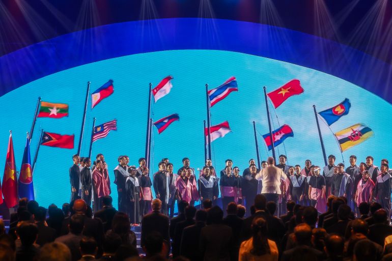 asean3-1778219108 CEBU, PHILIPPINES - MAY 8: Performers sing the ASEAN anthem in a show of unity, during the official opening ceremony of the 48th ASEAN Summit and Related Meetings, in Cebu, Philippines, on May 8, 2026. Top leaders of ASEAN member states from across Southeast Asia gather to discuss key international and regional issues, including conflict in the Middle East, trade and economic development, fuel and energy crisis, and South China Sea territorial disputes. The summit comes just a few days ahead of a meeting between United States President Donald Trump and Chinese President Xi Jinping, which will take place in mid-May. (Photo by Daniel Ceng/Anadolu via Getty Images)