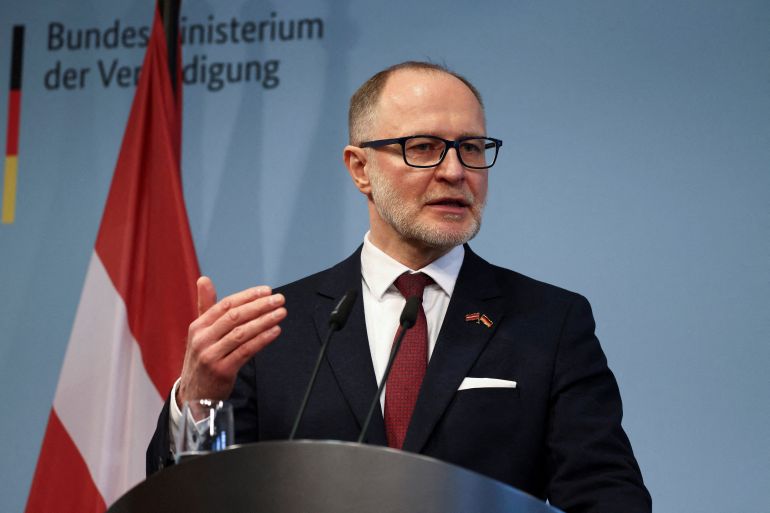 asfds-1778759585 FILE PHOTO: Latvia's Defence Minister Andris Spruds speaks during a press conference with German Defence Minister Boris Pistorius, in Berlin, Germany, March 16, 2026. REUTERS/Nadja Wohlleben/File Photo