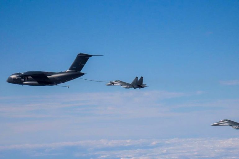 china-1780234714 A Chinese YY-20 tanker aircraft refuels a J-16 fighter jet in midair over the Miyako Strait near Okinawa in November 2024. The YY-20 has recently been spotted inside Taiwan’s “air defense identification zone,” or ADIZ. (Japan Air Self-Defense Force) المصدر: قوات الدفاع الذاتي الجوية اليابانية