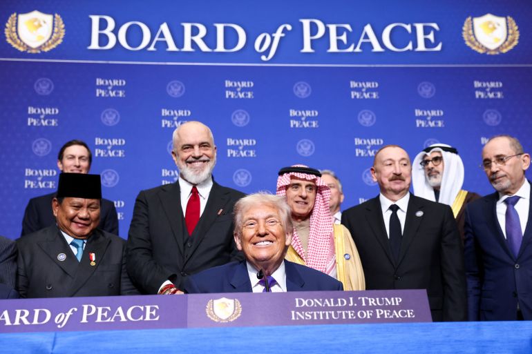 U.S President Donald Trump, Indonesia's President Prabowo Subianto, Albania's Prime Minister Edi Rama, Saudi Minister of State for Foreign Affairs, Cabinet Member, and Climate Envoy Adel Al-Jubeir, Azerbaijani President Ilham Aliyev, and Jordan's Foreign Minister Ayman Safadi attend the inaugural Board of Peace meeting at the U.S. Institute of Peace in Washington, D.C., U.S., February 19, 2026. REUTERS/Kevin Lamarque