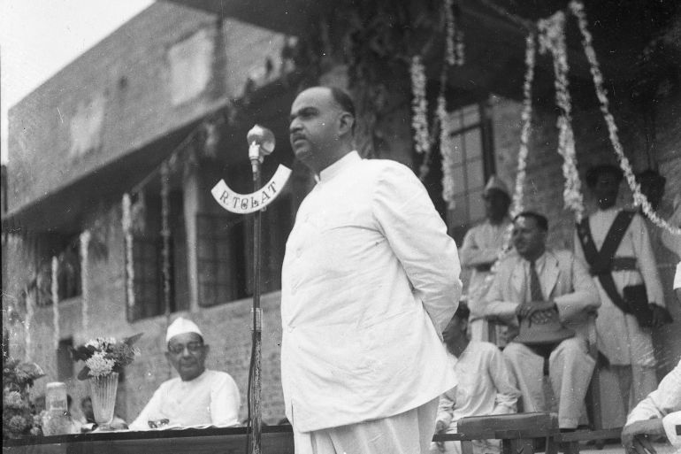 dasds-1777974304 Dr Shyama Prasad Mukherjee, Minister of Industry and Supply, visits Annual Day at L D College in Ahmedabad Gujarat India on 9th June 1948. (Photo by Shukdev Bhachech/Dipam Bhachech/Getty Images)