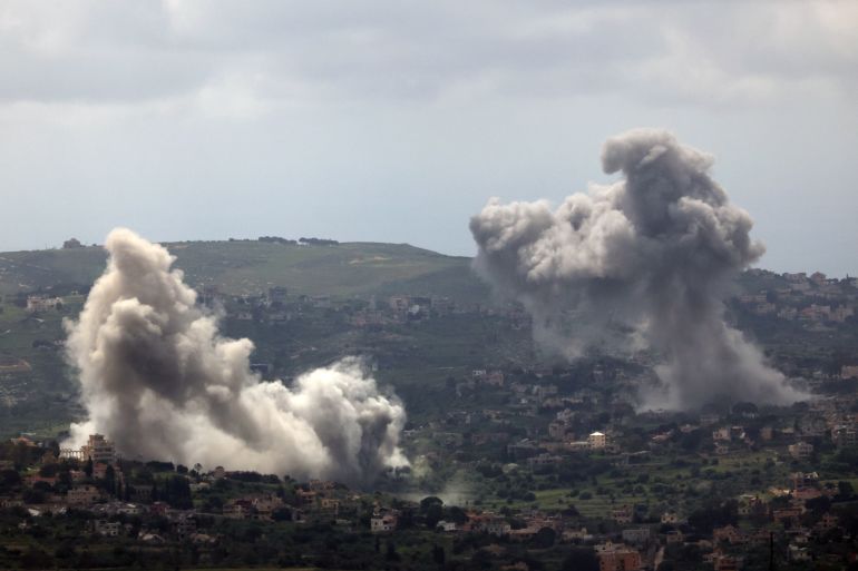 epa12919850 Smoke rises following an Israeli airstrike in a southern Lebanese village, as seen from the Upper Galilee in northern Israel, 28 April 2026, amid a ceasefire between Israel and Lebanon. EPA/ATEF SAFADI