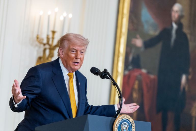 epa12936856 US President Donald Trump delivers remarks during a Military Mother's Day Event in the East Room of the White House. Washington, DC, USA, 06 May 2026. EPA/SHAWN THEW