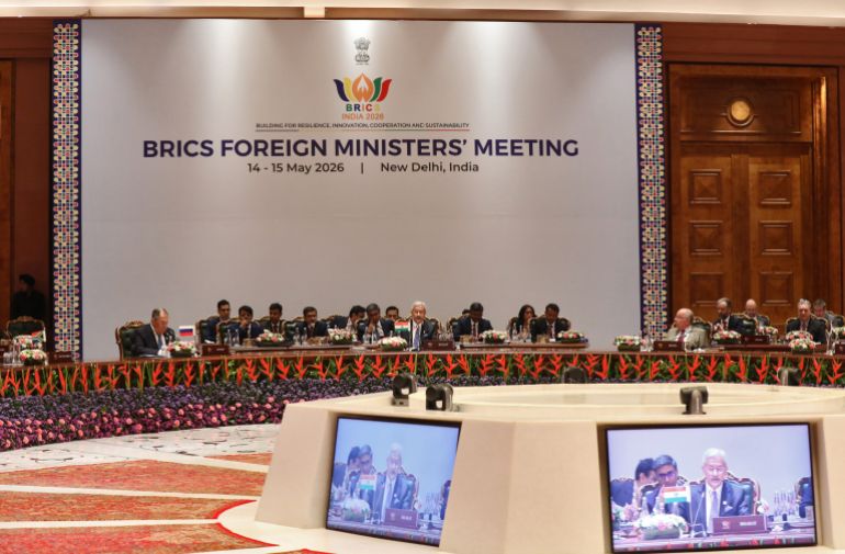 epa12955786 (Front L-R) Russia's Foreign Minister Sergei Lavrov, India's External Affairs Subrahmanyam Jaishankar, and Brazil's Foreign Minister Mauro Vieira, attend the BRICS Foreign Ministers' Meeting at Bharat Mandapam in New Delhi, India, 14 May 2026. The two-day ministerial gathering hosted by India is being held from 14-15 May. EPA/RAJAT GUPTA