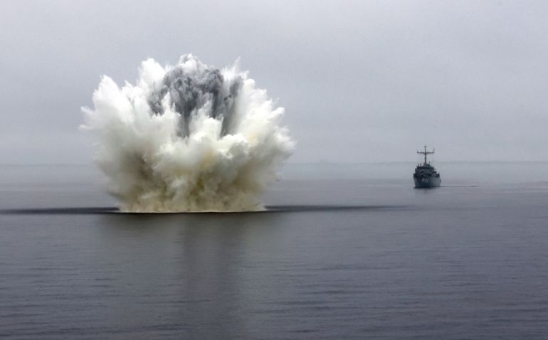 epa_6a0f40c2895c-1779384514 epa12953349 A training underwater mine explodes during International Mine Countermeasure Exercise ÒOpen Spirit 2026Ó in the Baltic Sea, Latvia, 13 May 2026. The aim of the exercise is to clear shipping lanes and fishing areas of explosive remnants located on the seabed of the Baltic Sea, thereby reducing risks to maritime navigation safety. Nearly 400 military personnel participated in the exercise, together with international naval vessels, including NATOÕs Standing NATO Mine Countermeasures Group One (SNMCMG1). SNMCMG1 is one of the AllianceÕs two multinational maritime units established to conduct mine countermeasure operations and, as part of the NATO Response Force, is capable of carrying out operations anywhere at short notice. EPA/TOMS KALNINS