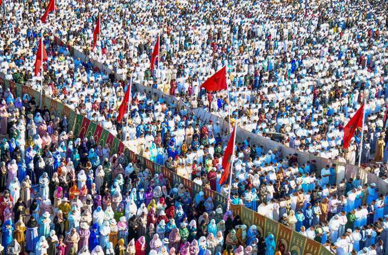 epa12997021 Muslim worshipers attend Eid al-Adha prayers in Sale, near Rabat, Morocco, 27 May 2026. Eid al-Adha, the 'Feast of Sacrifice', is Islam's holiest festival and coincides with the annual Hajj pilgrimage to Mecca. For this occasion, Muslims sacrifice an animal and divide the meat into three equal shares for family, friends, and those in need. EPA/JALAL MORCHIDI