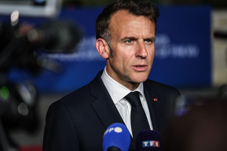 AYIA NAPA, CYPRUS - APRIL 23: French President Emmanuel Macron addresses the press at an informal meeting of European Union leaders on April 23, 2026 in Ayia Napa, Cyprus. The EU heads of state and government are meeting over two days to discuss the conflict in Iran and the Middle East, including freedom of navigation in the Strait of Hormuz, the effects of high fuel prices, and how Europe may contribute to de-escalation and a peace agreement. (Photo by Byron Smith/Getty Images)