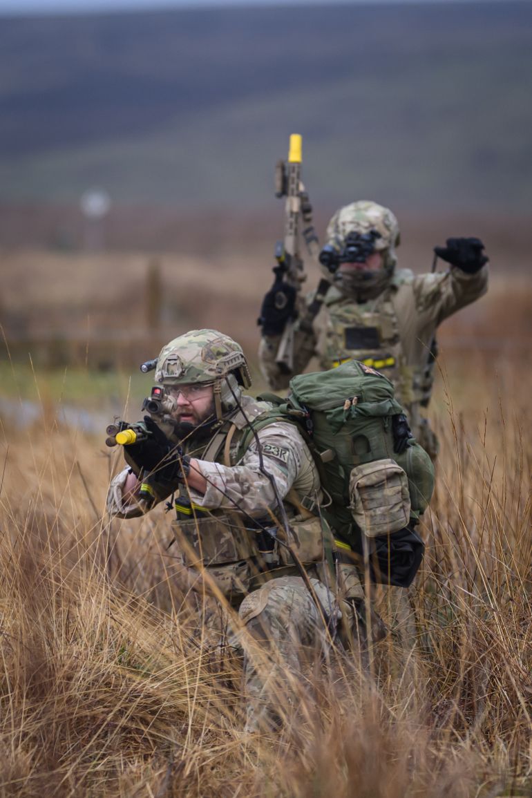 OTTERBURN, UNITED KINGDOM - JANUARY 31: Members of the Special Operations Forces attack an enemy location during a validation exercise on January 31, 2026 in Otterburn, United Kingdom. The training exercise involves members of the UK Special Operations Forces from the British Army, Royal Air Force and Royal Marines, and is designed to demonstrate operational readiness of the joint rapid-reaction forces. The successful completion of Exercise Hyperion Storm validates the UK's integration with the NATO Allied Reaction Force (ARF), part of the multinational military alliance ready to deploy in response to global security concerns. (Photo by Leon Neal/Getty Images)