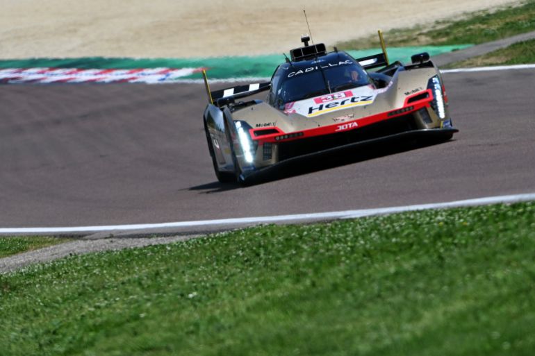 IMOLA, ITALY - APRIL 19: The (38) Cadillac Hertz Team JOTA Cadillac V-Series.R of Earl Bamber of New Zealand and Sebastien Bourdais of France drives on track during the World Endurance Championship 6 Hours of Imola at Autodromo Enzo e Dino Ferrari on April 19, 2026 in Imola, Italy. (Photo by Rudy Carezzevoli/Getty Images)
