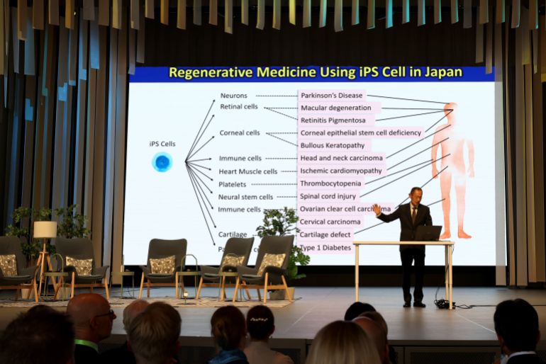OSAKA, JAPAN - MAY 14: Japanese stem cell researcher and Nobel Prize laureate Shinya Yamanaka delivers a speech during the Business Summit on Sweden’s National Day event as part of the World Expo 2025 on May 14, 2025 in Osaka, Japan. (Photo by Buddhika Weerasinghe/Getty Images)