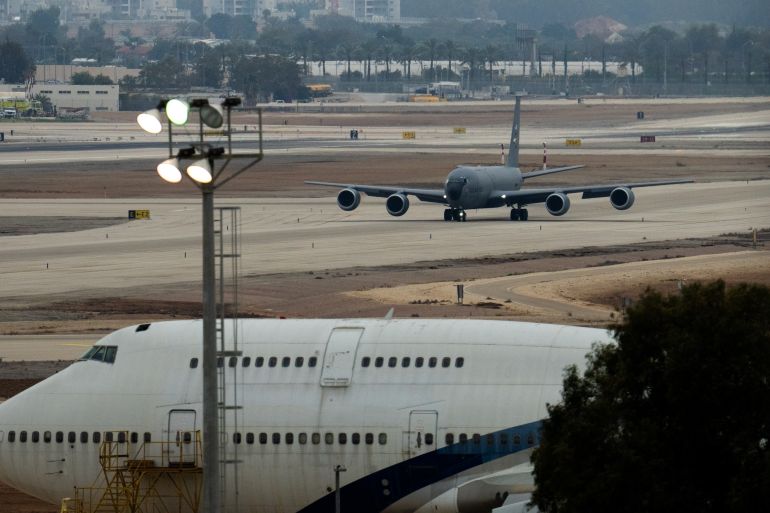 LOD, ISRAEL - MARCH 13: A United States Air Force KC-135 Stratotanker refuelling aircraft on the runway at Ben Gurion airport on March 13, 2026 in Lod, Israel. An aircraft of this type was confirmed to have gone down over Iraqi airspace yesterday, killing its six American crew members. The United States and Israel have continued the airstrikes they jointly launched against Iran early on February 28th. (Photo by Erik Marmor/Getty Images)