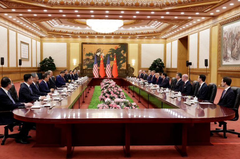 getty_6a05351032-1778726160-1 BEIJING, CHINA - MAY 14: U.S. President Donald Trump and Chinese President Xi Jinping attend a bilateral meeting at the Great Hall of the People on May 14, 2026 in Beijing, China. President Trump is meeting with President Xi Jinping in Beijing to address the Iran conflict, trade imbalances, and the Taiwan situation while establishing new bilateral boards for economic and AI oversight. (Photo by Alex Wong/Getty Images)