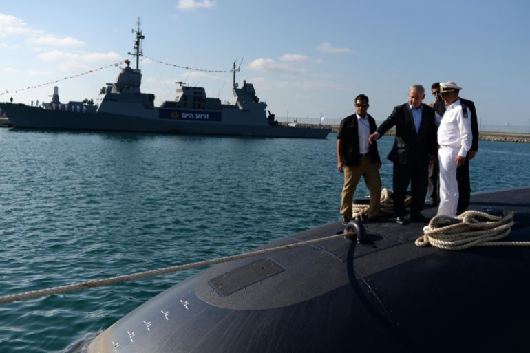 HAIFA, ISRAEL - SEPTEMBER 23: (ISRAEL OUT) In this handout provided by the Israeli Government Press Office, Israeli Prime minister Benjamin Netanyahu attends a ceremony for Israel's new submarine on September 23, 2014 in the northern Israeli port city of Haifa. The INS Tanin is the fourth Dolphin class submarine made in Germany for the Israeli Navy. (Photo by Kobi Gideon/GPO via Getty Images)